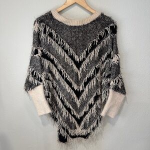Tesoro Moda Fringed Black and Cream Sweater Poncho